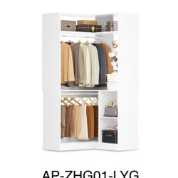 Corner Closet System With Shelves, 34'' Organizer With Hanging Rods, Wood Walk-in for Small Space, Freestanding Tower, L Shaped Garment Rack, White