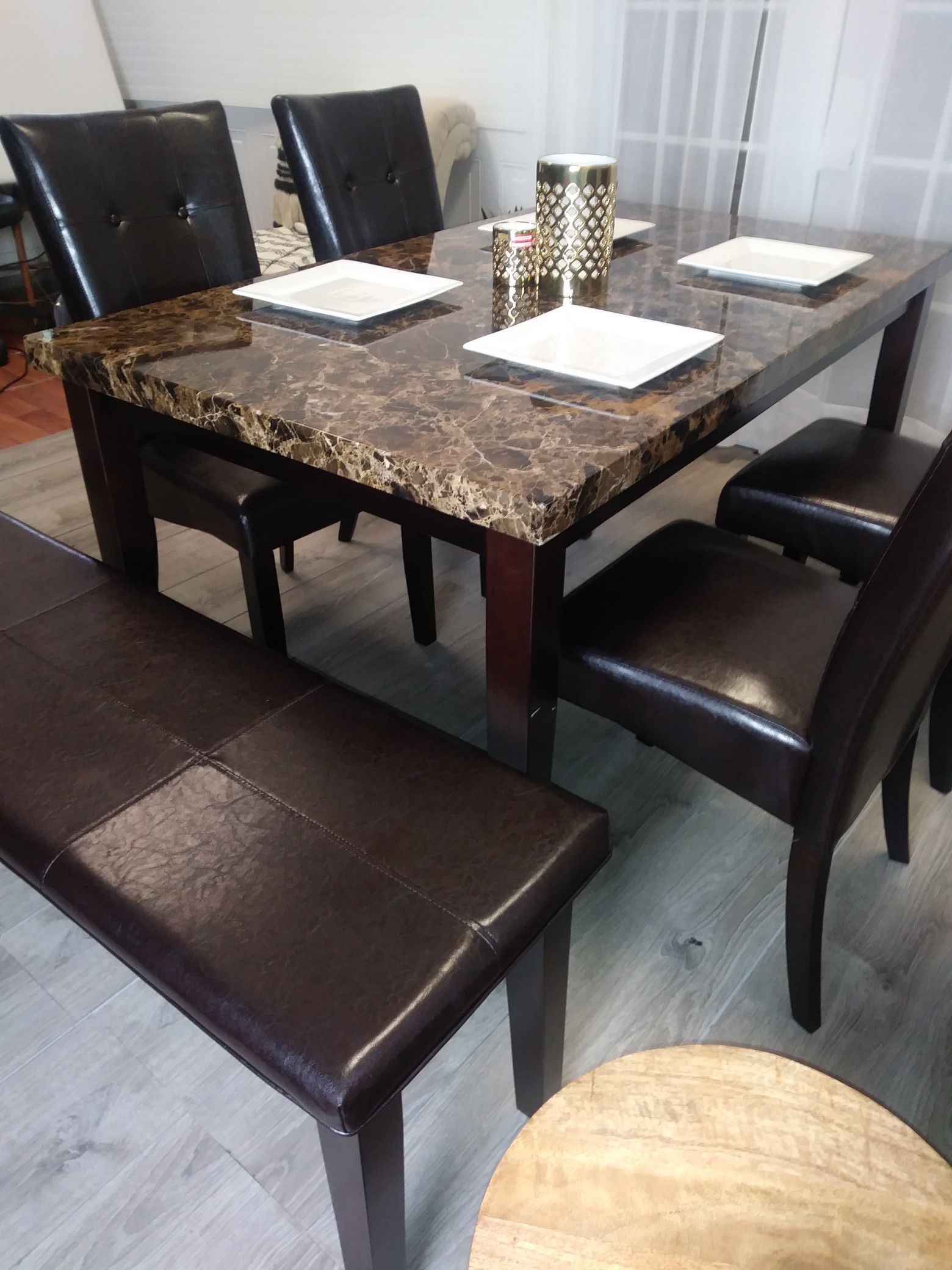 New Marble Top Dining Table Kitchen Tables 4 Chairs & Bench