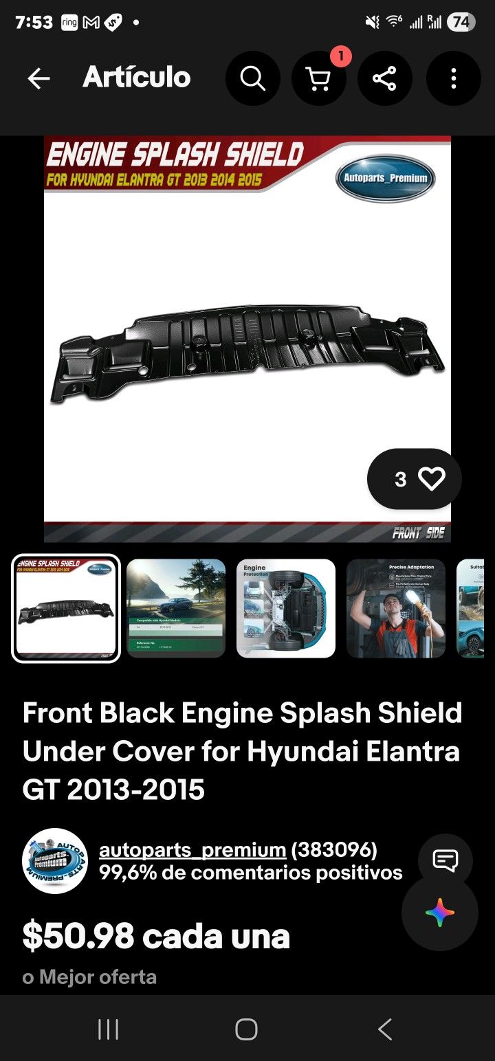 Front Black Engine Splash Shield Under Cover for Hyundai Elantra GT 2013-2015