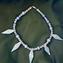 LAPIS LAZULI Necklace~Silver Cage & Lapis Beads~5 Marquise Lapis Pendants