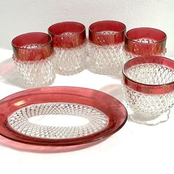 Vintage Indiana Glass Diamond Point Ruby Red Flash tumblers and Sugar Tray set