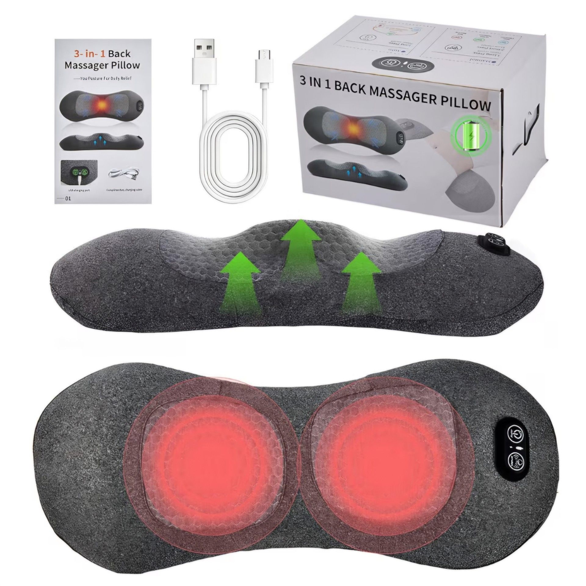 ☆ 3-in-1 Rechargeable Smooth Triple Spine Fusion Back Massager with Heat, Vibration, Traction, Electric Lumbar Support Pillow for Sleeping, Office, Ca