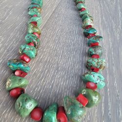 Turquoise and Red Coral Native American Navajo Southwestern Vintage Necklace 24"