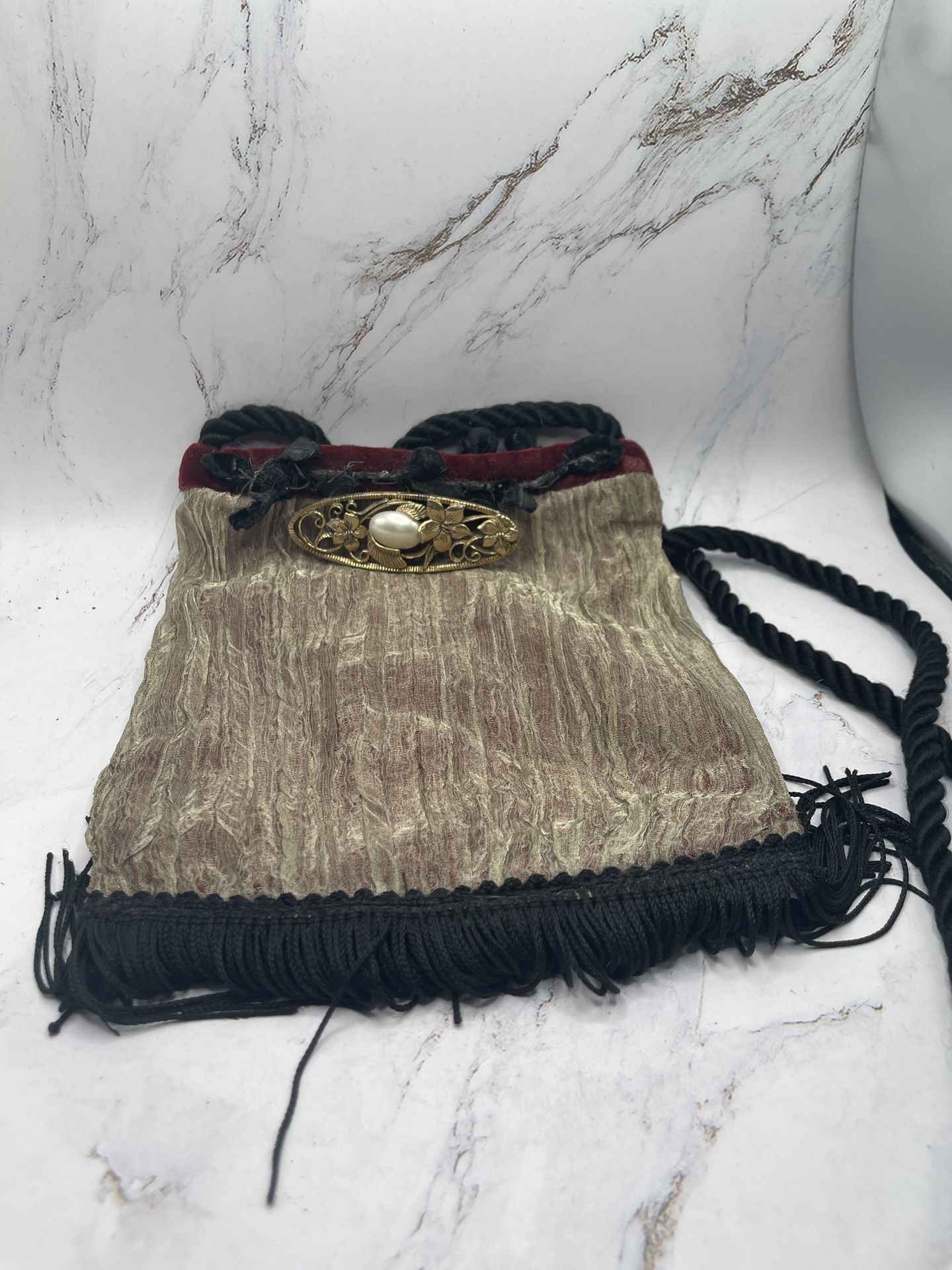 Antique Champagne/Black Opera Bag With Intricate Fringe And Small Roses Details