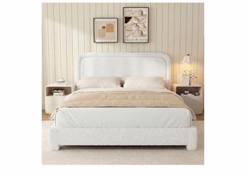 White Boucle Upholstered Platform Bed Frame and Mattress