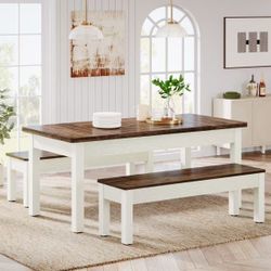 Wood Kitchen Table with 2 Benches white/brown 