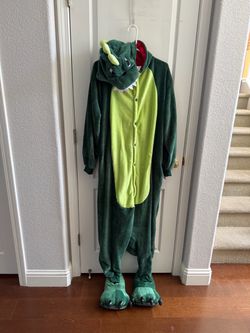 NEVER WORN Plush Green Button Up Dinosaur Unisex Adult Size Large Onesie with Pockets & Slippers for the Feet -  One-Piece Pajama/Costume