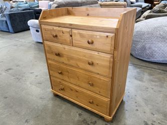 Natural Finished 5 Drawer Chest with Shelf Top and Wooden Pulls