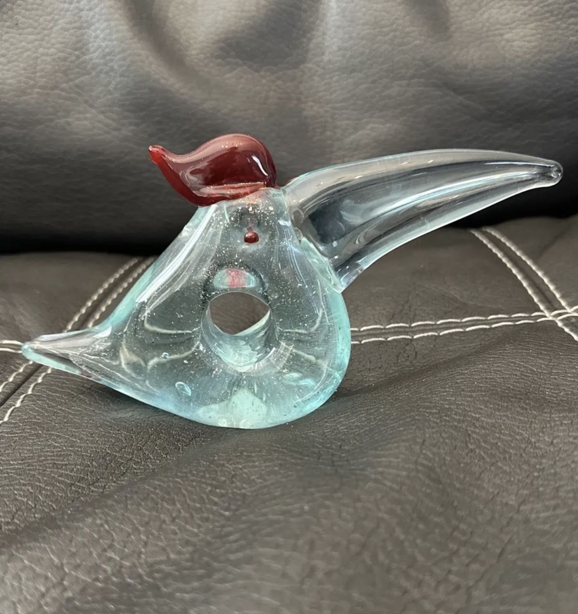 Blue Glass Paperweight Open Hole Gold Fleck Toucan Bird Murano Style