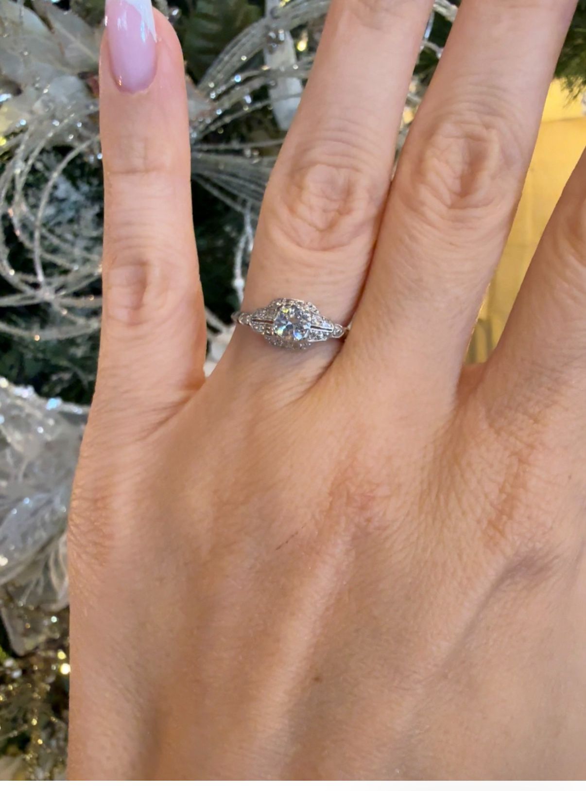Platinum Art Deco Ring With Natural Old European Cut Diamonds