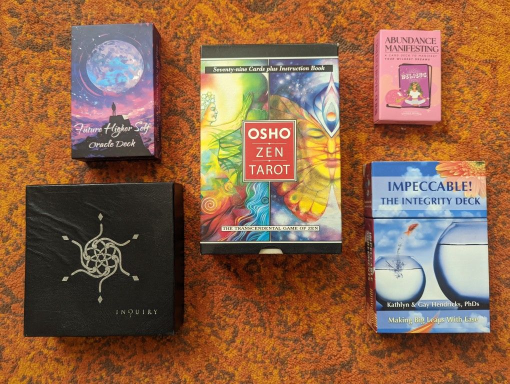 Card reading decks- Oracle, inquiry, tarot, abundance manifesting, future higher self, integrity