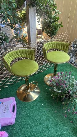 Green Velvet Bar Stools with Gold Base – Set of 2