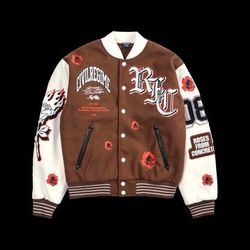 Civil Regime Rose Garden Letterman Jacket In Butter / Reaper Brown Size Medium