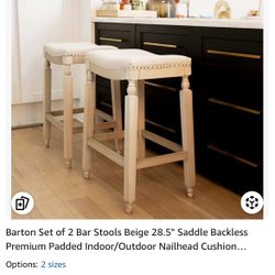 Barton Set of 2 Bar Stools Beige 28.5" Saddle Backless Premium Padded Indoor/Outdoor Nailhead Cushion Kitchen Counter Chairs Pub Seat Foot Rest 94036