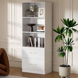 White Bookshelf with Drawers, 63" Tall Bookshelf with Storage, 3 Shelf Modern Bookcase with Adjustable Shelf, Open Shelves Bookcase, Unique Book Shelf