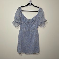 Sabo Skirt Ariana Blue Micro Floral Corset Puff Sleeve Mini Dress In Size L
