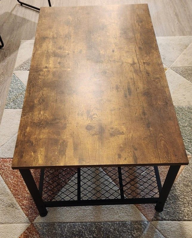 Industrial Coffee Table (Wood & Metal with Storage Shelf)