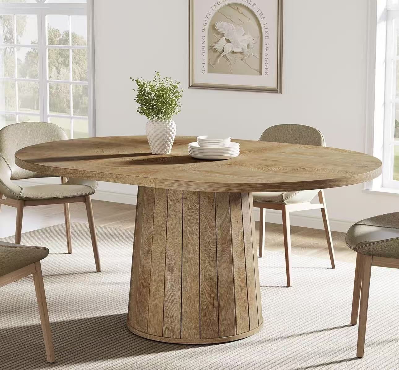 XK00822 Oval Dining Table for 6 People, 55.11-Inch Farmhouse Kitchen Dinner Table with Cylindrical Pedestal (Light Brown)