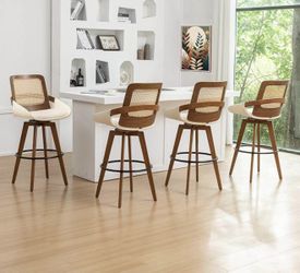 Bar Height Bar Stools Set of 4- 29.5 inch Mid Century Modern Bar Stools with Cane Back, Curved Arms, Faux Leather Upholstered Seat, Beige