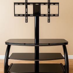 Black Glass TV Stand w/ Mount – 3 Shelves, Universal VESA