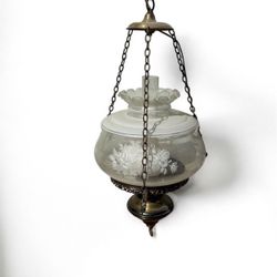 Large Antique Vintage Hanging Brass Swag Lamp Glass Globe.