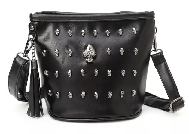 Rhinestone SKULLS Vegan Leather embellished Small Bucket Style messenger Bag Purse Handbag Tote! NEW!
