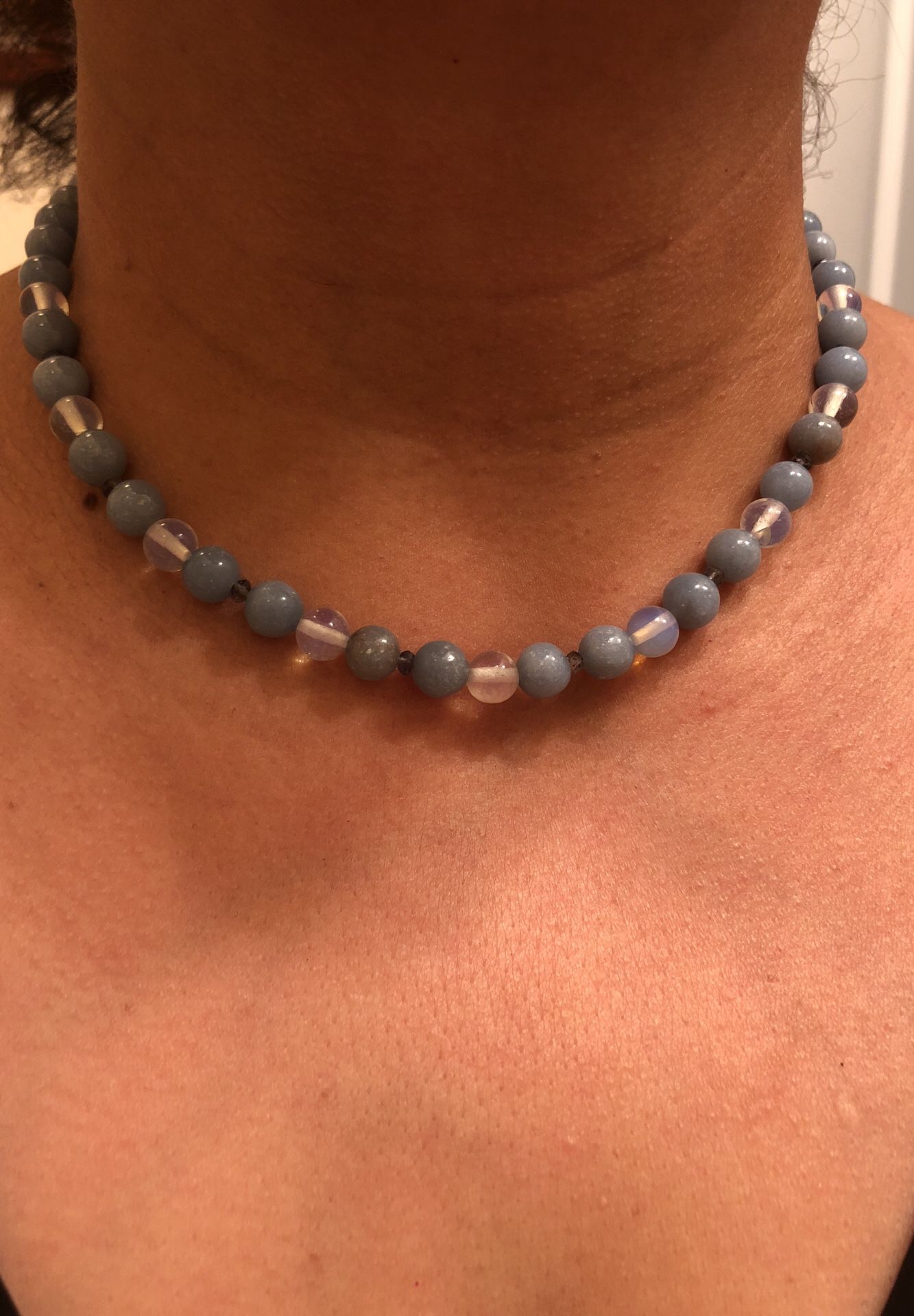 Angelite ,moonstone and iolite necklace 16’