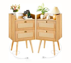 Rattan Nightstands Set of 2 with Charging Station