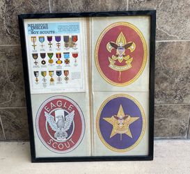Vintage Framed Boy Scouts America Display Eagle Scout Star Scout Life Scout Patches Religious Emblems chart