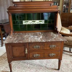 Antique 19th Century Marble Top Green Tile Backsplash Washstand Cabinet