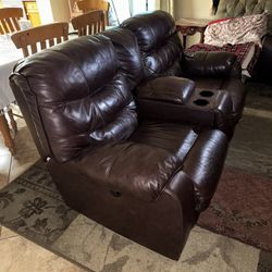 Reclining Leather 2 Seat Sofa w/ cupholder and storage
