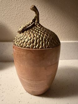 Large Wood And Gold Aluminum Acorn Lidded Decorative Container