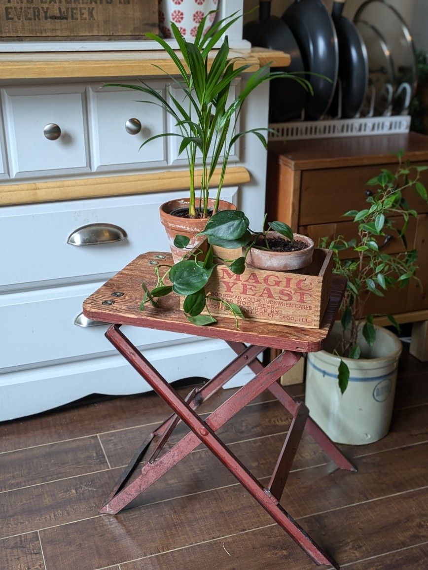Antique Burlington Railroad Train #7 Wood & Wrought Iron Folding Stool