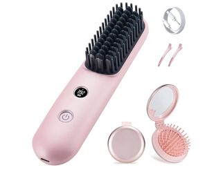 Mini Portable Travel Cordless Negative Ionic Hair Straightener Brush and Curler 2 in 1
