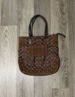Vintage Coach Signature Canvas and Suede Studded Tote Bag