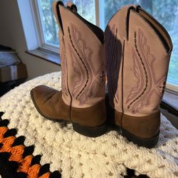Justin Youth Western Boot with Square Toe in Pink / Brown