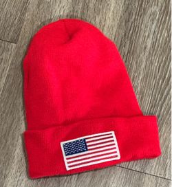 Red Knit Beanie with American Flag Patch