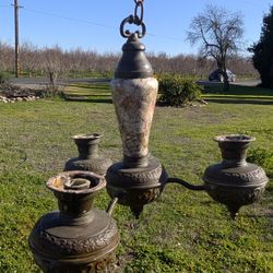 Antique 3-Light Hanging Lamp with Brass Candle Holders Vintage Light Fixture

