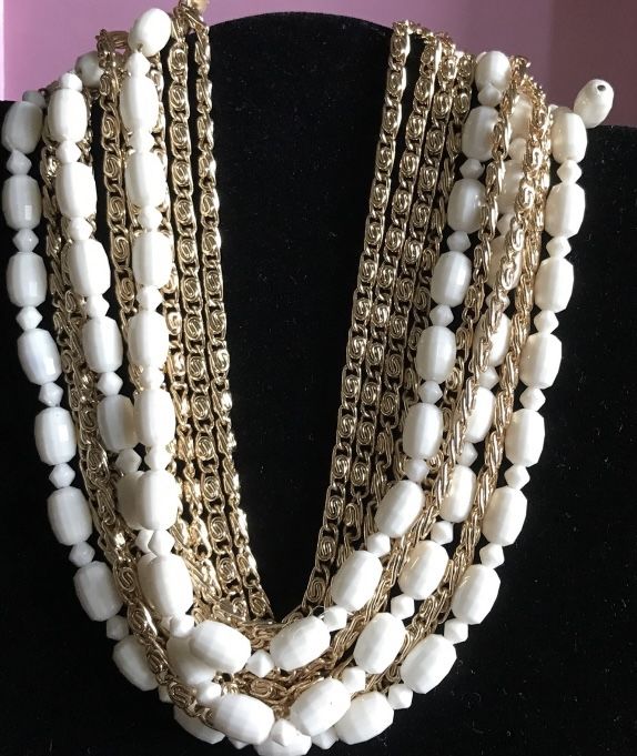 Vintage Western Germany Milky Glass And Gold Tone Multi Strand Chocker Necklace 
