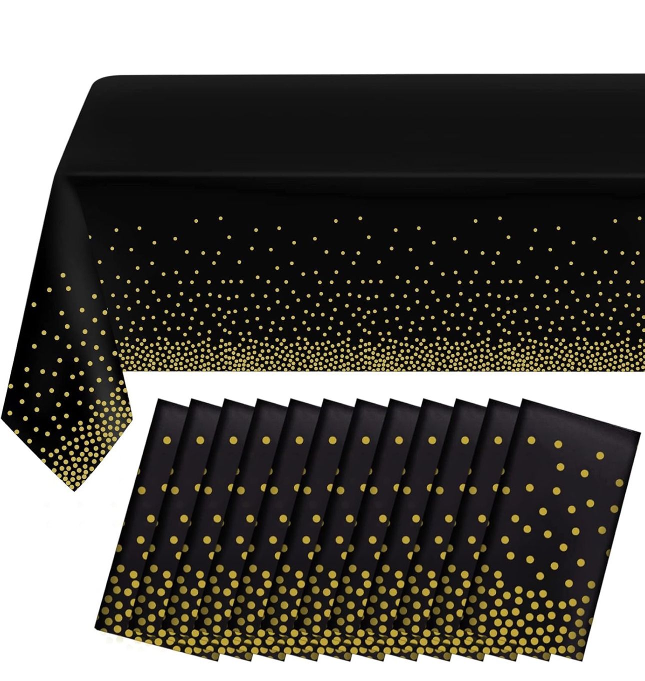 12 Pack Black and Gold Dot Plastic Tablecloth, Gold Stamping Dot Confetti Rectangle Plastic Disposable Tablecloth for Birthday Retirement Graduation E