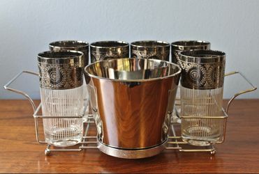 Vintage Culver Highball Set: Mercury Glass Ice Bucket & Caddy, 1960s MCM