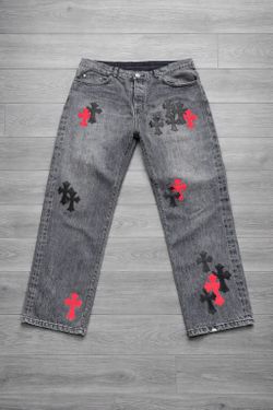 Chrome Heart Cemetery Cross Denim Pants Red & Black Size 31