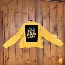 Handmade Cobra Kai x Scorpions Yellow Denim Jacket – Distressed Oversized Fit (Women’s L/XL)