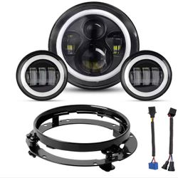 7" LED Headlight + Passing Lights for Road King/Road Glide/Street Glide/Electra Glide Headlight Chrome with Bracket Mounting Ring and Wire Adapter (Ch