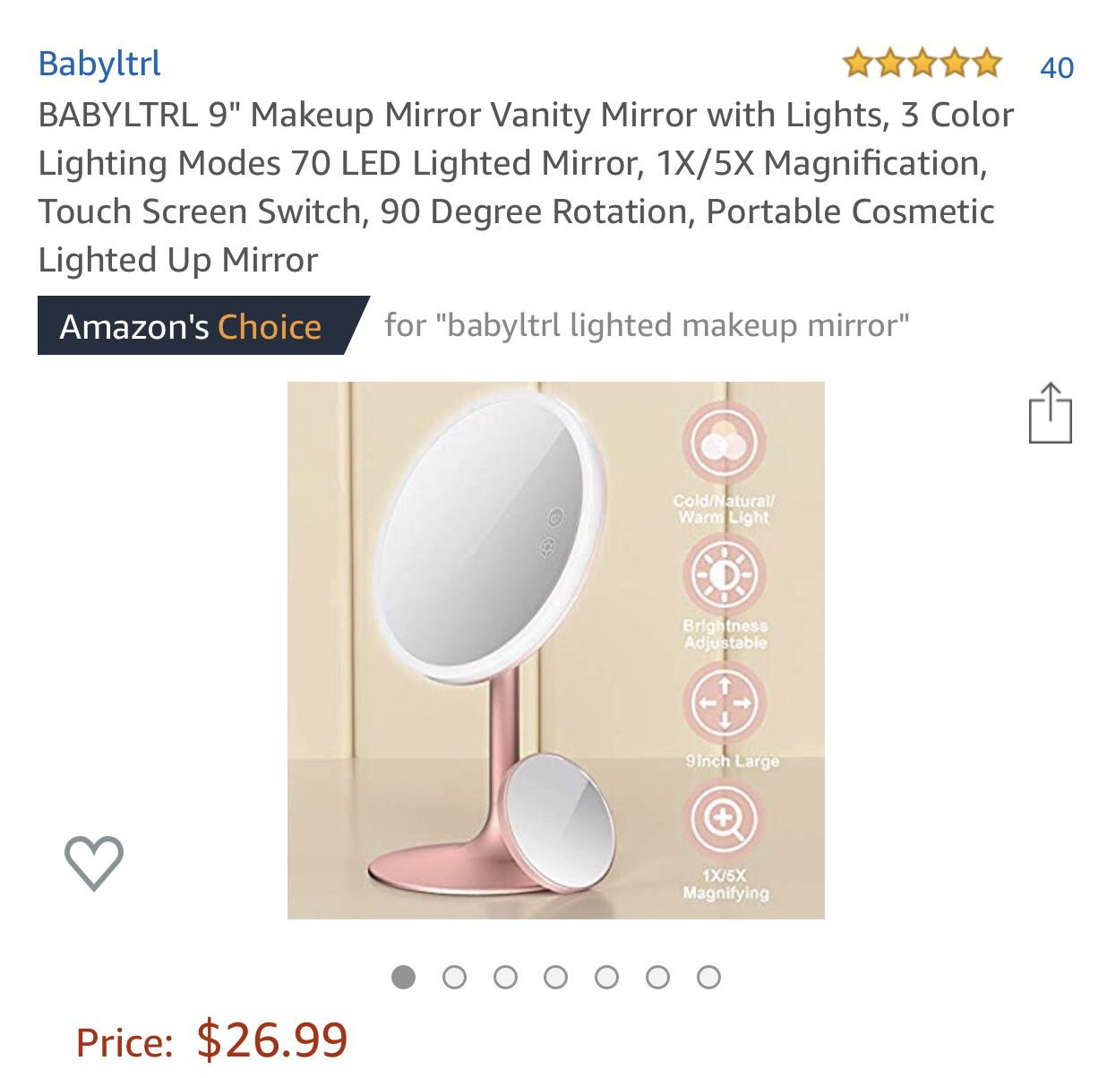 50% discount. 100% 5-star reviews. BABYLTRL 9" Makeup Mirror Vanity Mirror with Lights, 3 Color Lighting Modes 70 LED Lighted Mirror, 1X/5X Magnifica