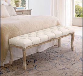Bedroom Bench, French Vintage Tufted Entryway 52.5" Carving Upholstered End of Bed Bench with Distre