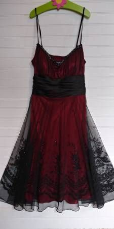 Beautiful prom dress women's size M Red satin black flocked overlay