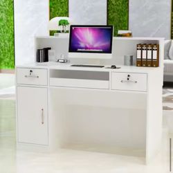 Wooden Writing Desk White Finish with 2-Drawer, Keyboard Tray and Eco-Friendly Paint Finish
