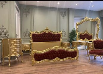 Luxury Bedroom Set LOOK UP Ornate hand-carved teak wood and velvet bedroom set with gold gilding. TIME PERIOD Modern Reproduction ORIGIN India ESTIMAT