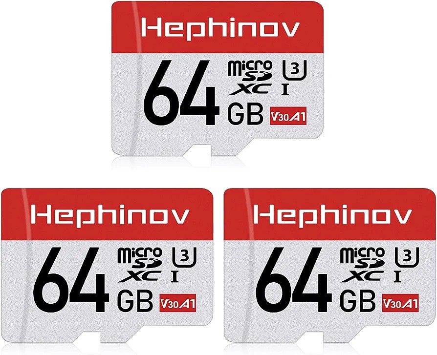 Hephinov Micro SD Card up to 100MB/s(R), 64G MicroSDXC Memory Card Pack of 3 + SD Adapter with A1, V30, U3, C10, 4K UHD